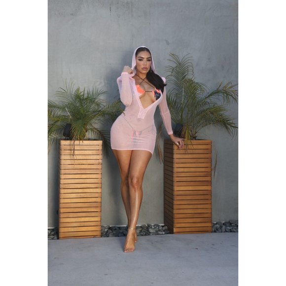 Women's Casual Deep V-Neck Hooded Mesh Cover-Up Long Sleeve Mini Dress S, M, L - Picture 3 of 12